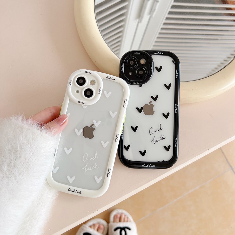 Puff Case iPhone 11 12 13 14 Pro Max 14 Plus Pretty Women's Cute Gifts Soft Casing Cover Black White Love Lucky