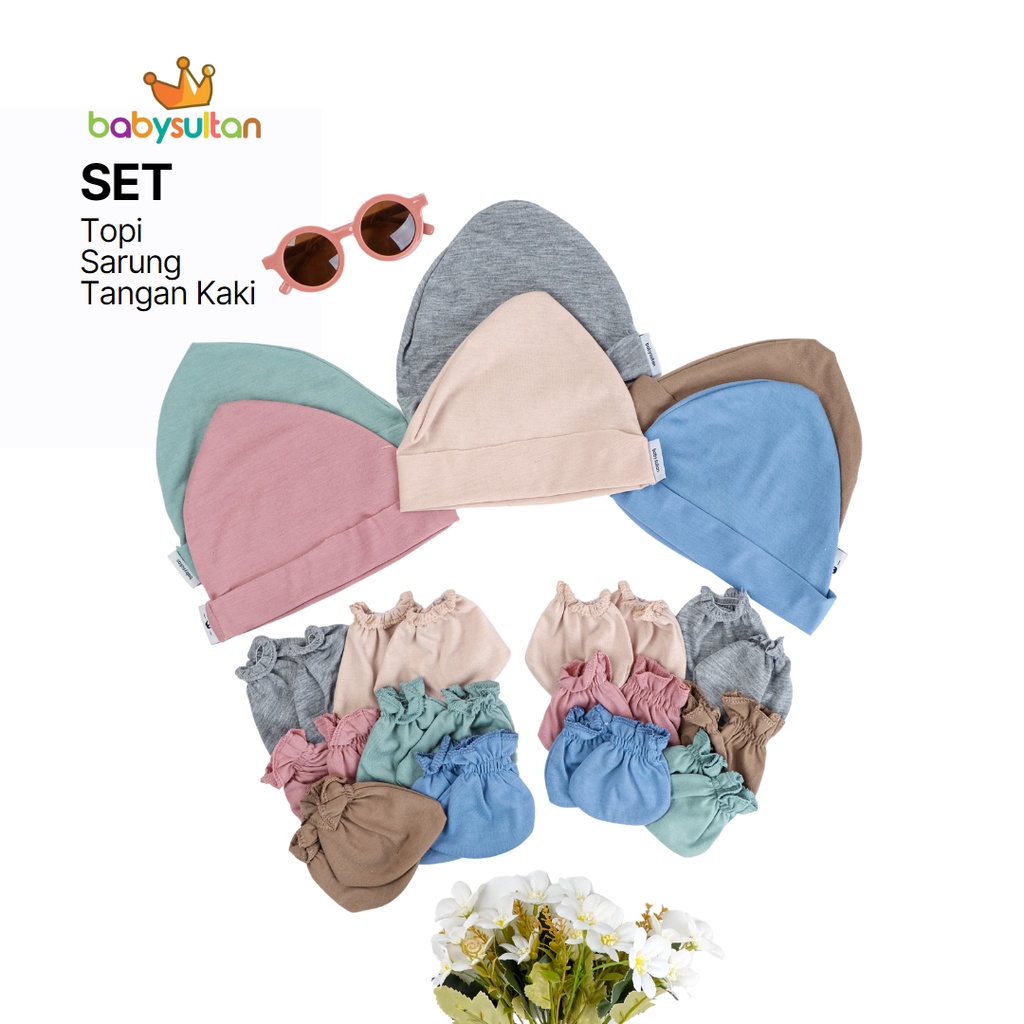 Set Topi dan Sarung Tangan Kaki Bayi Polos Pastel babysultan