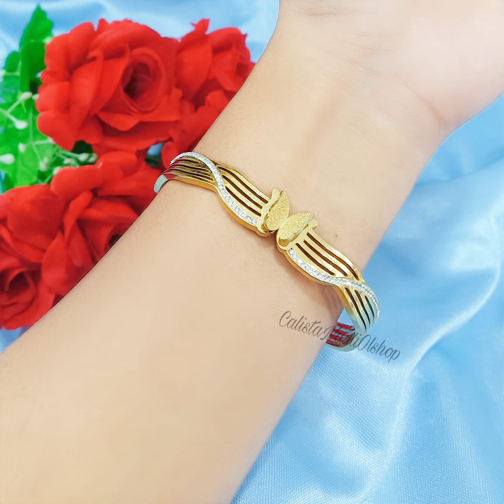 Set Kalung+Gelang Titanium Kupu Kupu Tetes Zircon Fashion Anti Karat Dan Anti Luntur