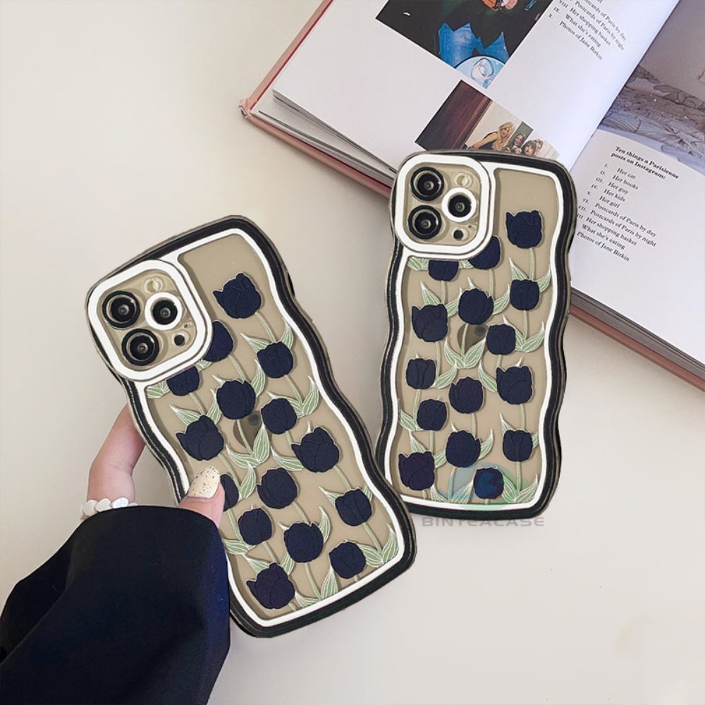 IPHONE Fashion Case Kompatibel Untuk Iphone11 14 12 13 Pro MAX iPhone7 8plus 6s Plus XR 14Plus XS MAX Lukisan Minyak Bunga Mawar Hitam Tepi Melengkung TPU Phone Case Binteacase