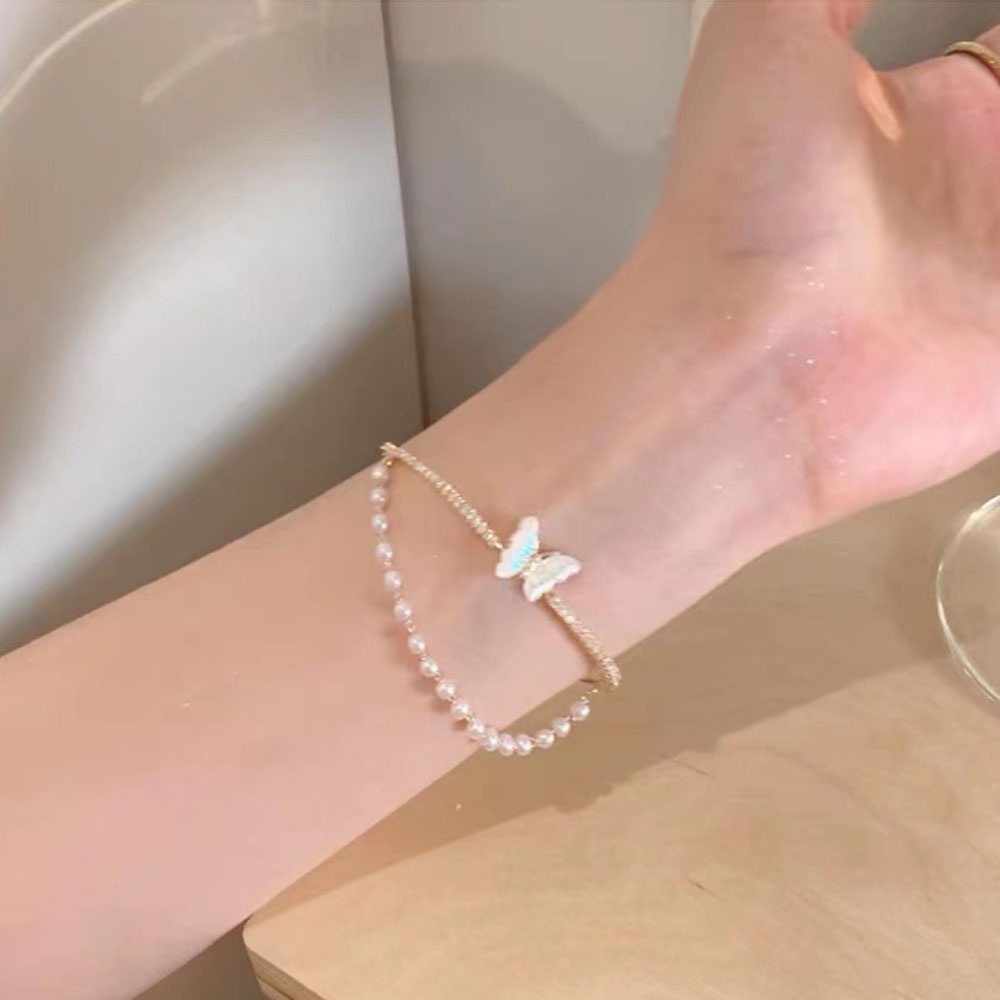 Gelang Kupu-Kupu Lapisan Ganda Emas Gaya Mewah Ringan Wanita Temperamen Sederhana Mutiara Aksesoris Fashion