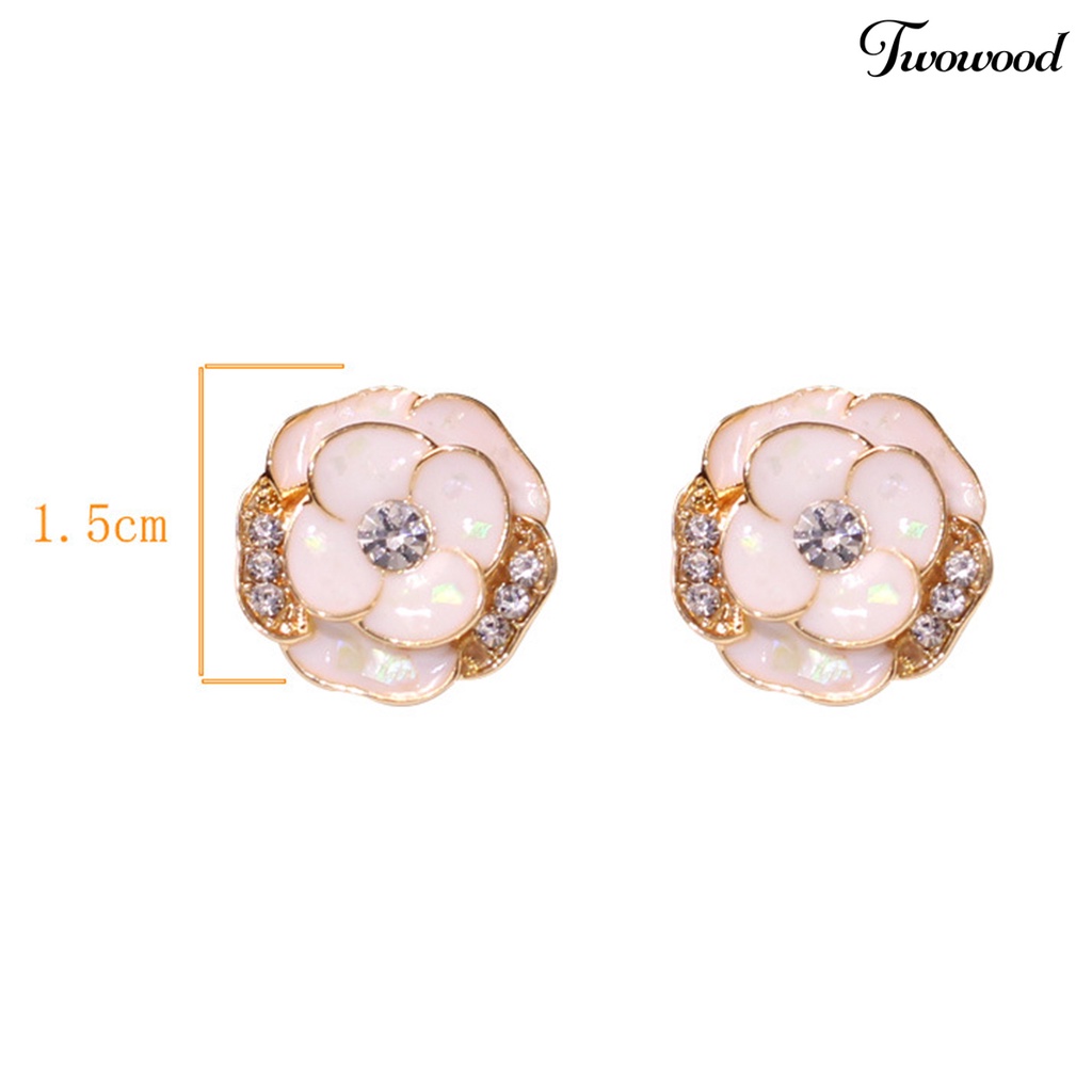 Twowood 1pasang Ear Studs Elegan Dainty Temperamen Berkilau Berlian Imitasi Enamel Bunga Wanita Anting Fashion Perhiasan