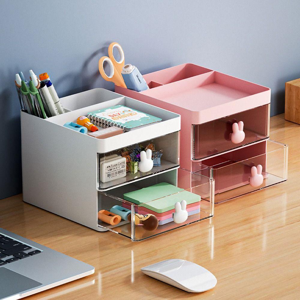 R-flower Pen Holder Multi Fungsi Dengan Laci Transparan Banyak Kompartemen Tempat Alat Tulis Desktop Organizer