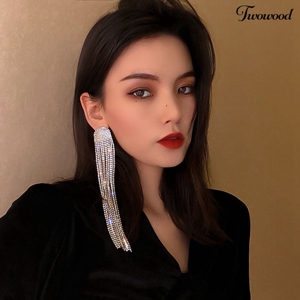 Twowood 1pasang Drop Earrings Shiny Panjang Rumbai Penuh Berlian Imitasi Temperamen Berkilau Berdandan Hadiah Wanita Menjuntai Anting Pesona Perhiasan Aksesori Busana