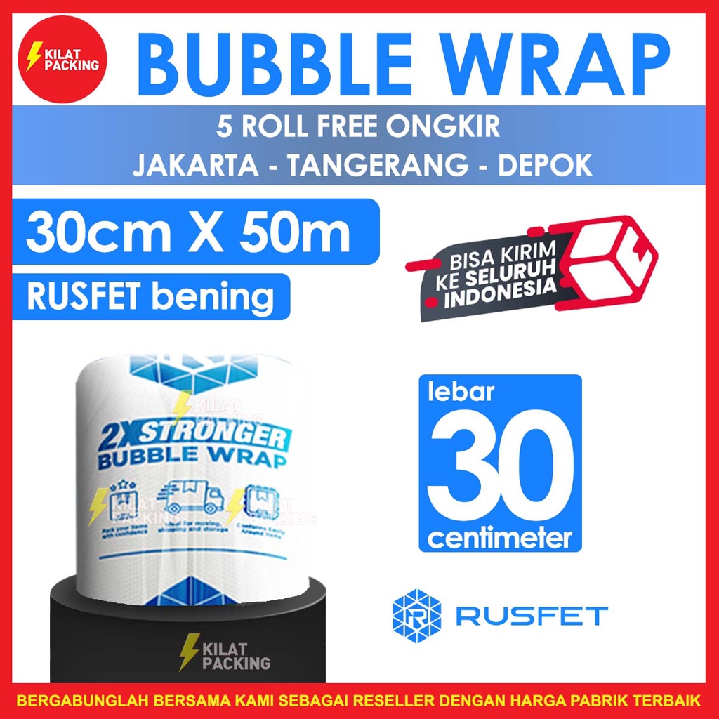 

Plastik Bubble Wrap 30cm x 50Meter RUSFET Bubblewrap Buble Packing Babel Wrap Tebal ROLL Bening