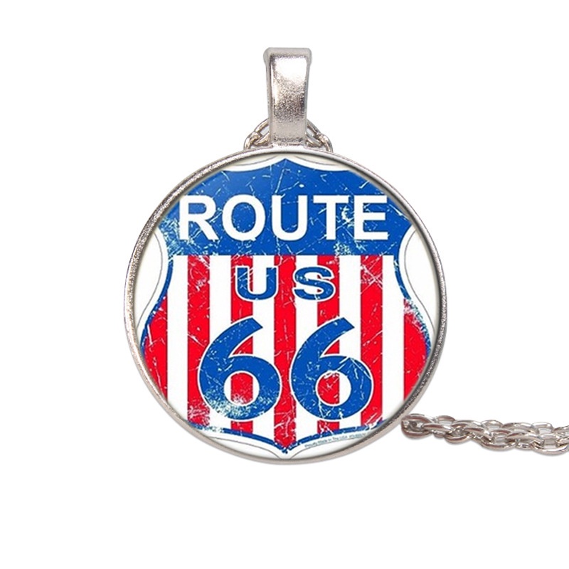 Kalung Rantai Dengan Liontin Kaca Motif Bendera Amerika Route 66 Gaya Hip Hop Punk Untuk Pria / Wanita