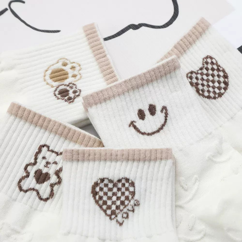 [littlecrab] Kaos Kaki Brown Coklat Motif Beruang Love Smile Bear Chocolate Base Putih Import Sock High Quality Knit Rajut Style Korean Style