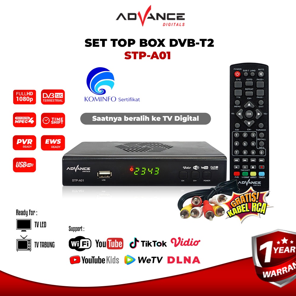 Advance STB Set Top Box TV Digital Receiver Penerima Siaran Full HD/ STB Wifi Bisa Youtube DVB-T2 STP A01 I Garansi 1 Tahun Advance