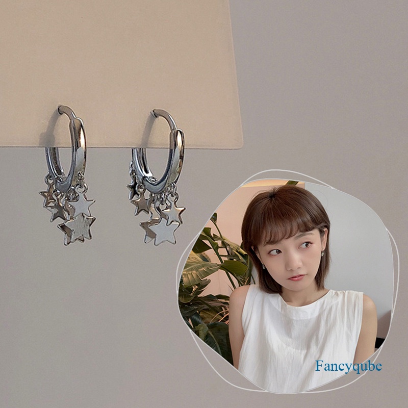 Versi Gotik Anting Hoop Bintang Kecil Lucu Warna Silver Rumbai Gaya Geometris Earring