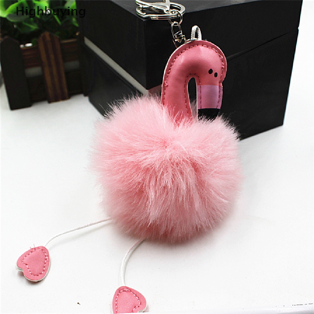 Hbid Gantungan Kunci Flamingo Fluffy Faux Rabbit Fur Ball Key Chain Wanita Gantungan Kunci Tas Mobil Glory