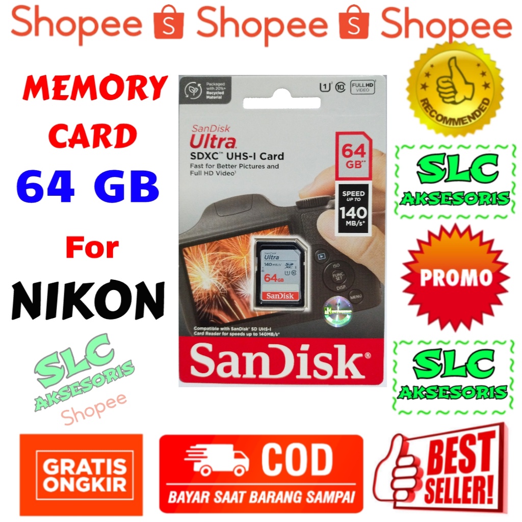 Memory SD Card Sandisk HIGH SPEED 16gb 32gb 64gb Kamera Nikon DSLR D3000 D3100 D3200 D3300 D3400 D35