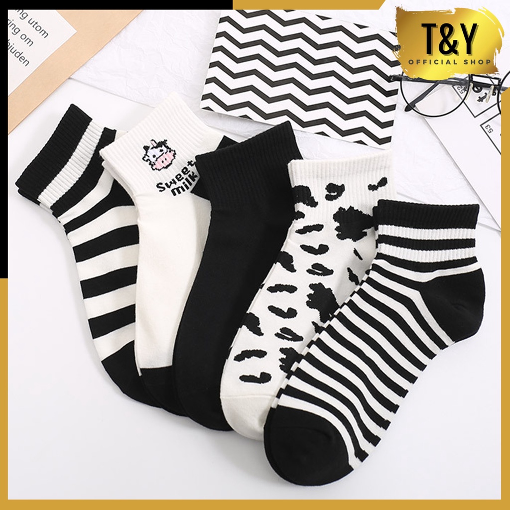 T&amp;Y Kaos Kaki Wanita Motif Cow 6666 Kaos Kaki Pendek Fashion Korean Unisex Atas Mata Kaki Karakter Sapi Ankle Socks Korean Model Simple Cute