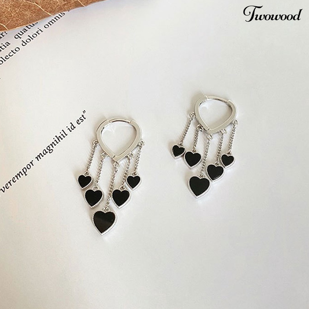 Twowood 1pasang Anting Menjuntai Gaya Korea Elegan Temperamen Paduan Hati Hitam Wanita Drop Earrings Fashion Jewelry