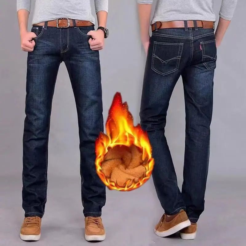 Celana Jeans Musim Dingin pria laki laki / Thermal Bagian dalam Bulu2 halus Penahan Dingin