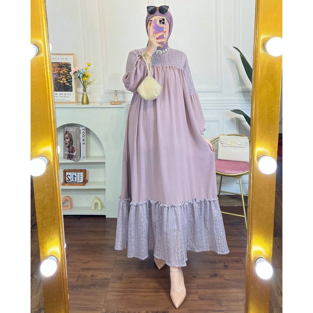 Malika Dress Wanita Crinkle Airflow  Premium Kombinasi Brukat Gamis Terbaru Lengan Balon Karet Ruffle Baju Muslim Jumbo Lengan Manset Kekinian LD 110 cm