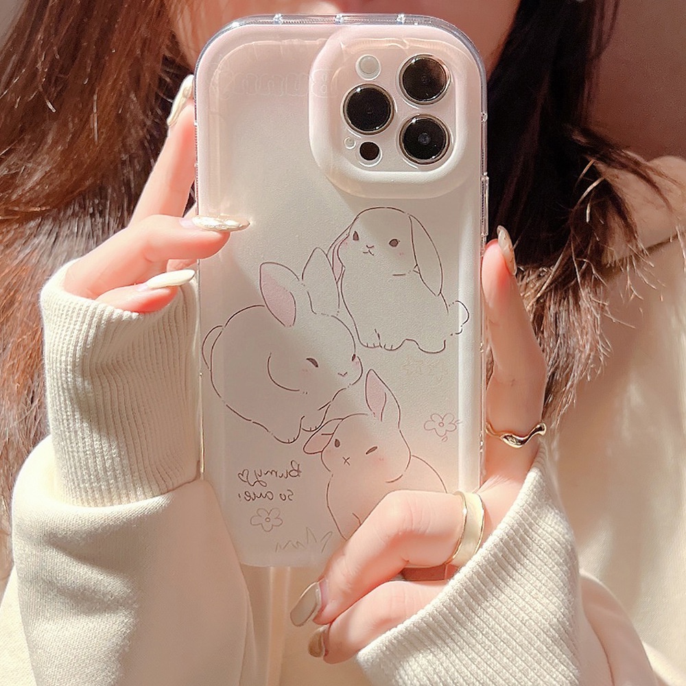 IPHONE Cute Pink Phone Case Sketsa Bunny Kelinci Shockproof Cover Untuk Iphone11 12 13 14 PLUS PRO MAX Back Protective Shell