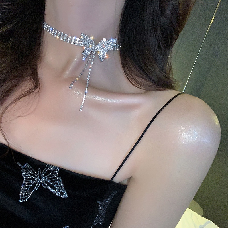 Kalung Zircon Mutiara Mewah Elegan Busur Butterfly Rumbai Opal Choker Untuk Perhiasan Aksesoris Wanita