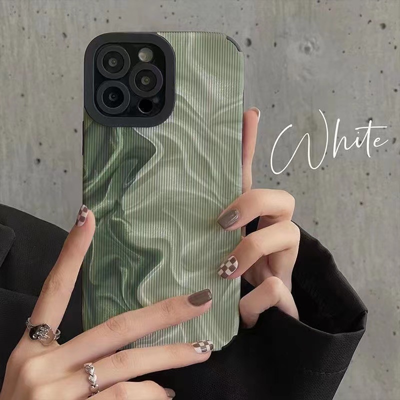 【Lamb Skin】Leather Soft Case IP IPhone 7 8 14 Plus 7+ 8+ X XR SE 2020 XS Max 11 12 13 14 Pro Max Phone Case Pretty Green Oil Painting Wave