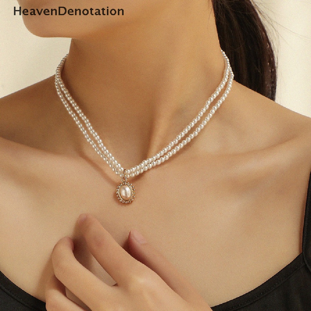 [HeavenDenotation] Fashion Wanita Kalung Choker Retro Double Layer Mutiara Sederhana Populer Kalung Pernikahan Wanita Kalung Leher Rantai Manik-Manik Kalung Chocker Kerah Perhiasan Hadiah HDV