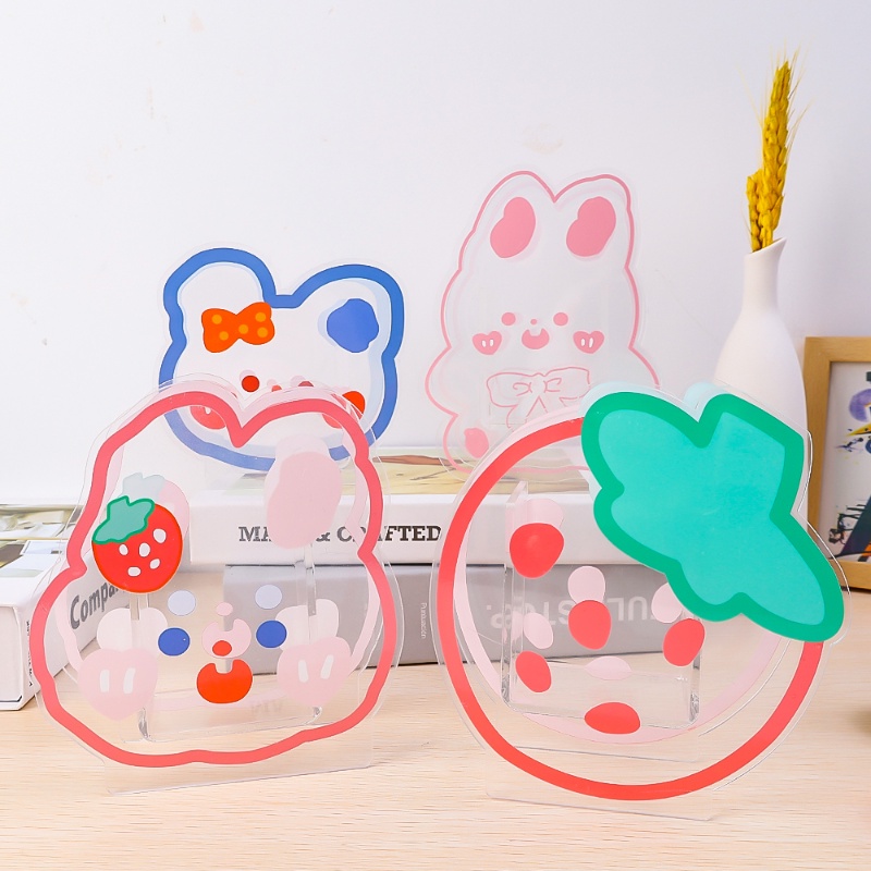 Kawaii Kartun Akrilik Tempat Pulpen/Transparan Motif Bunny Bear Bunga Brushes Makeup Kotak Penyimpanan Desktop Organizer