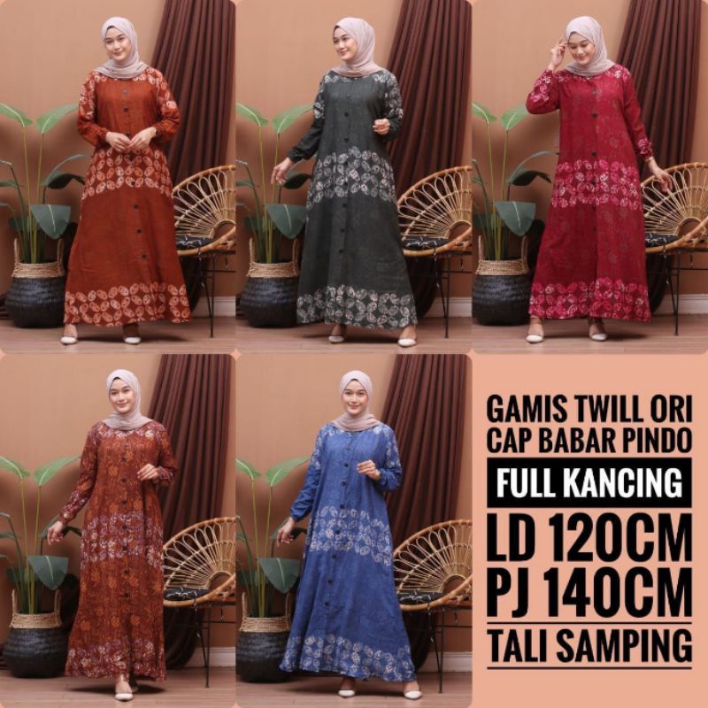 Gamis Twill ori jumbo LD 115 120 cm kancing depan batik cap babar pindo