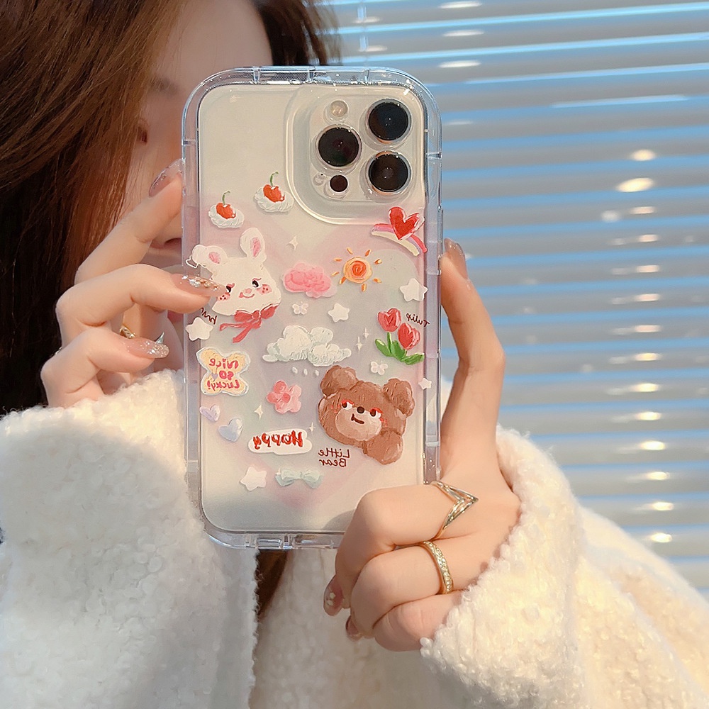 IPHONE Ins Hewan Lucu Lukisan Minyak Beruang Dan Kelinci Shockproof Transparan Ponsel TPU Soft Case Cover Untuk Iphone11 12 13 14 PRO MAX