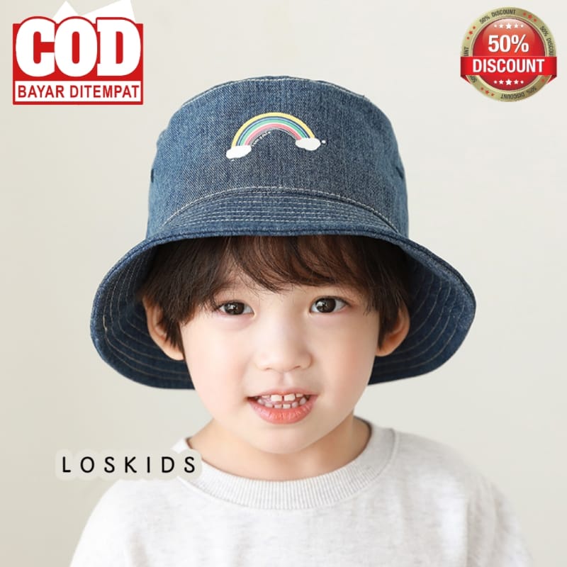 TOPI ANAK BUCKET DISTRO DENIM MOTIF PELANGI TOPI ANAK OUTDOR TREVELING PROMO NEW 2023