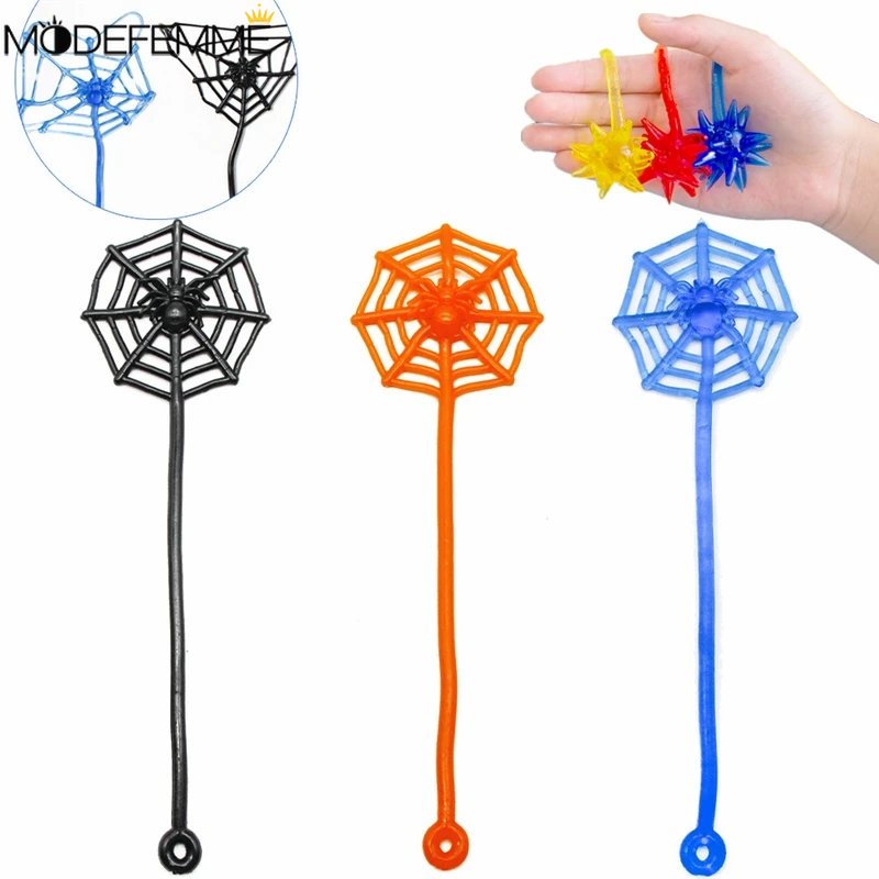 Warna Acak Untuk Ulang Tahun Anak Nikmat Pesta Halloween Novelty Fidget Toy Elastis Stretchable Sticky Spider Web Climbing Novelty Mainan Melar Party Favor Sticky Spider Web Toy