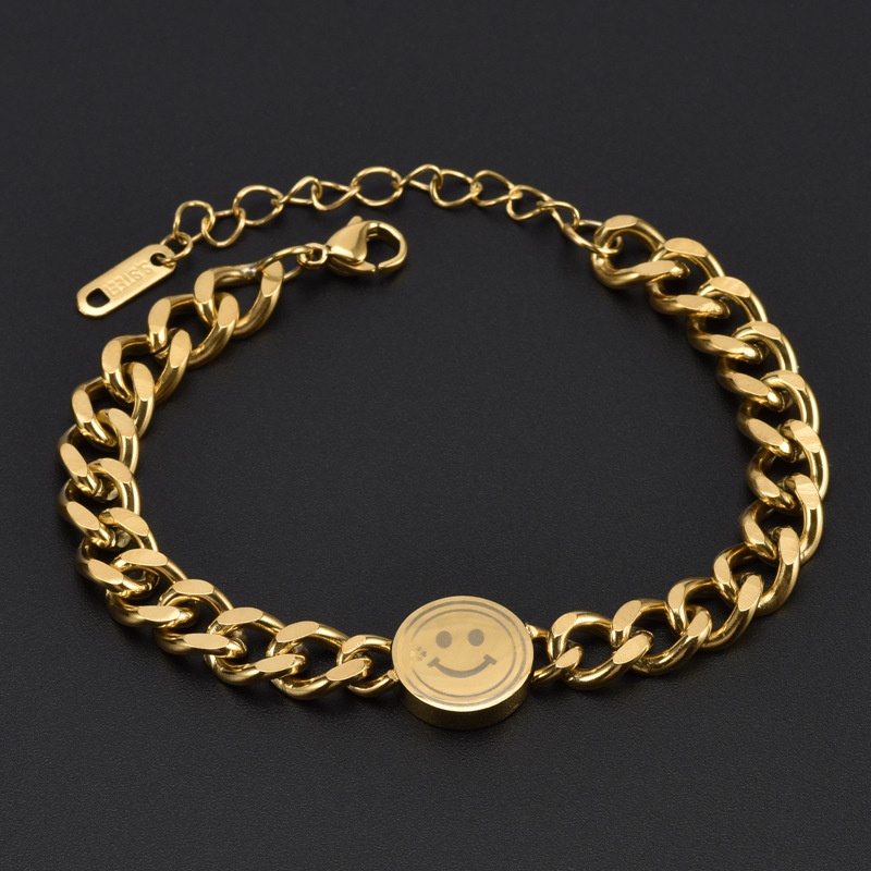 Gelang Bahan Titanium Steel 18K Desain Smiley Face Warna Emas Gaya Hip Hop Korea Jepang