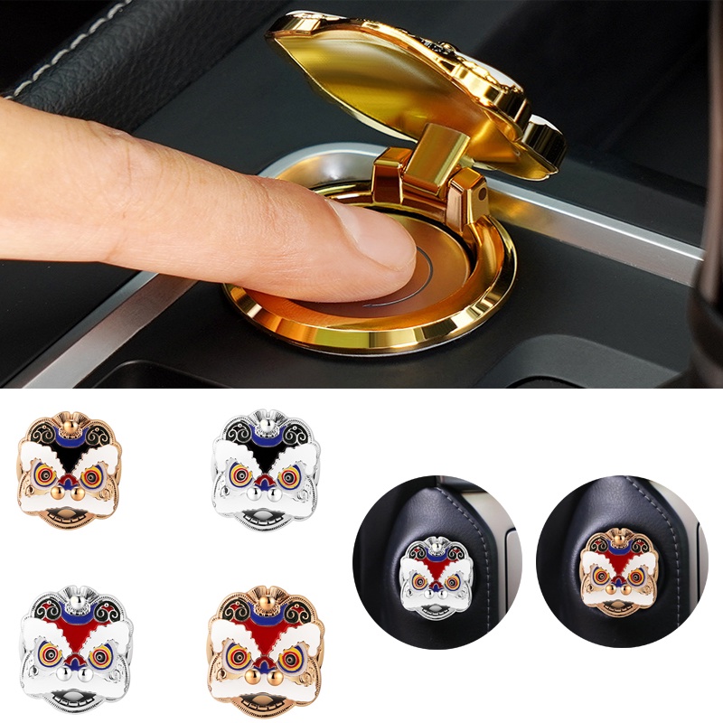 Guochao Style Lion Dance Car One-Button Start Cover Pelindung Dekorasi Tempel/Pelindung Tombol Start Satu Tombol/Flip Tombol Saklar Mobil/Interior Mobil