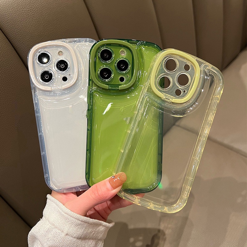 Holder Lipat Tak Terlihat Ring Stand Lensa Kamera Casing Ponsel Transparan Kompatibel Untuk iPhone 13 12 11 12Pro 13Pro Max Soft Candy Back Cover