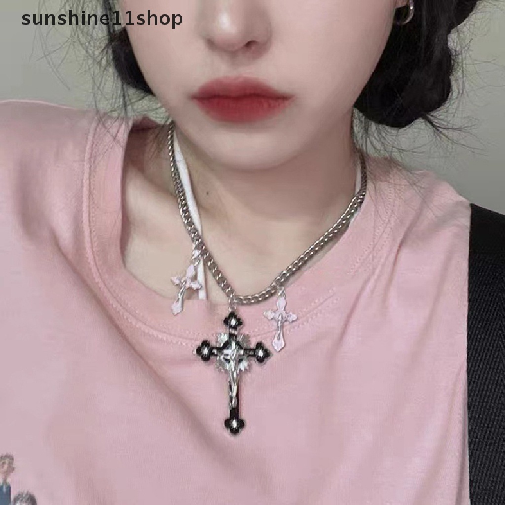 Sho Punk Rain Skull Cross Necklace Korea Fashion Aesthetic Unik Liontin Kalung Wanita Keren Egirl Jewelry Chain N