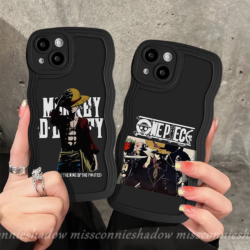 Cartoon Luffy Black Wavy Edge Case for Realme C35 C33 C30 C25s C11 C12 10 9i C15 C25Y 8 8i C17 9Pro + 9 C3 C25 C21Y C20 8Pro C20A 6i 7 5 7i 5i Trendy Brand Anime One Piece Cover