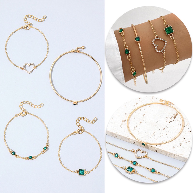 4 Pcs Tergabung Batu Permata Hijau Gelang Set Perhiasan Untuk Wanita Jantung Gelang Pernikahan Pertunangan Gelang Fashion Jewelry Pulsera