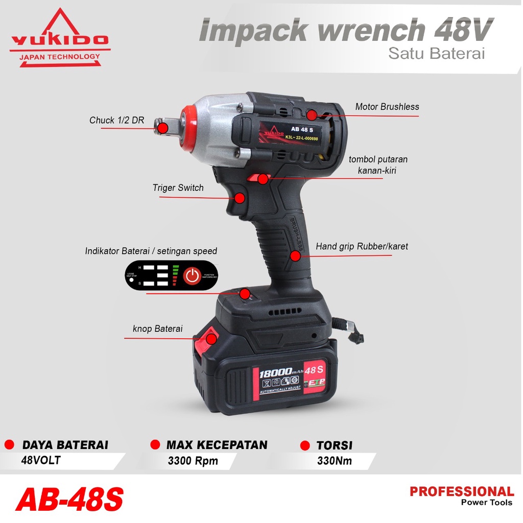 HEAVY DUTY Cordless Impact Wrench 48V Brushless JLD 48S Bor Obeng Kunci 48 Volt 1 Baterai Batere