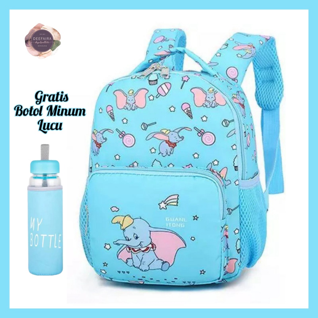 Tas Ransel Anak Perempuan Sd Dan Smp Motif GajahSmile Free Botol Minum Lucu