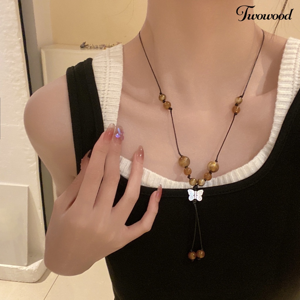 Twowood Wanita Kalung Vintage Etnik Gaya Cina Kupu-Kupu Liontin Gaun Panjang Buatan Tangan Wanita Pesona Manik-Manik Kalung Perhiasan Hadiah