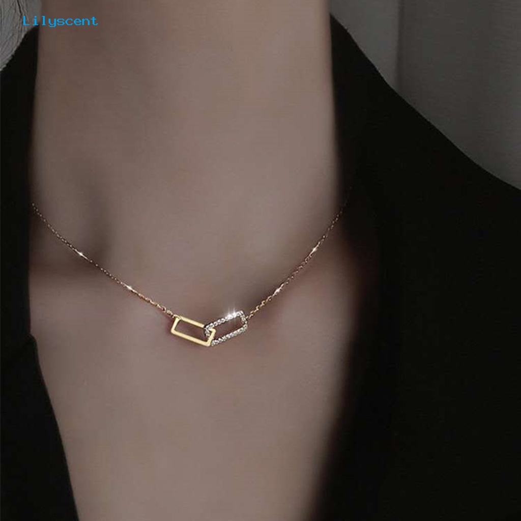 [LS] Wanita Kalung Geometris Berlian Imitasi Mengkilap Hias Adjustable Extension Rantai Hias Hadiah Double Square Interlock Liontin Klavikula Rantai Perhiasan Untuk Pacaran