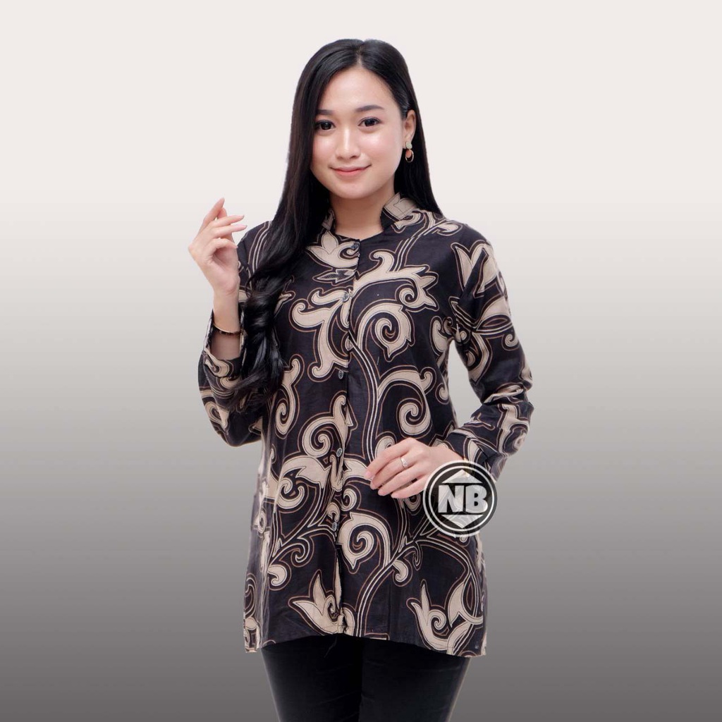 Batik Couple Motif Kangkung Hitam Atasan Batik Wanita Blouse Tali Pinggang Blouse Kancing Blouse kantor size M L XL XXL