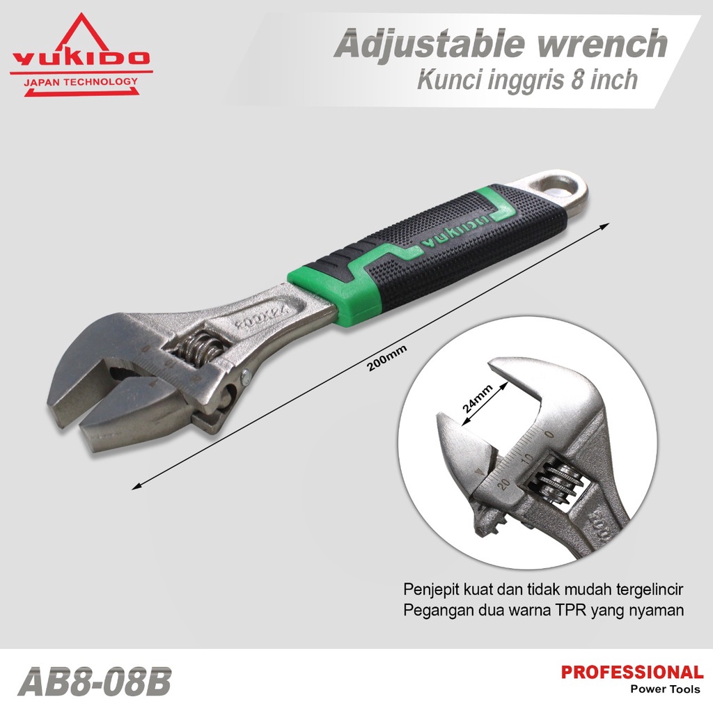 BERKUALITAS Kunci Inggris YUKIDO 6 - 8 - 10 - 12 Inch In Gagang Karet ORIGINAL BY YUKIDO  | 6&quot; 8&quot; 10&quot; 12&quot; Blister Adjustable Wrench