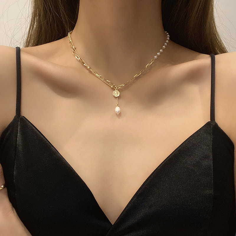 Kalung Mutiara Gaya Baroque Fashion Baru Wanita Double-layer Rumbai Choker Necklaces