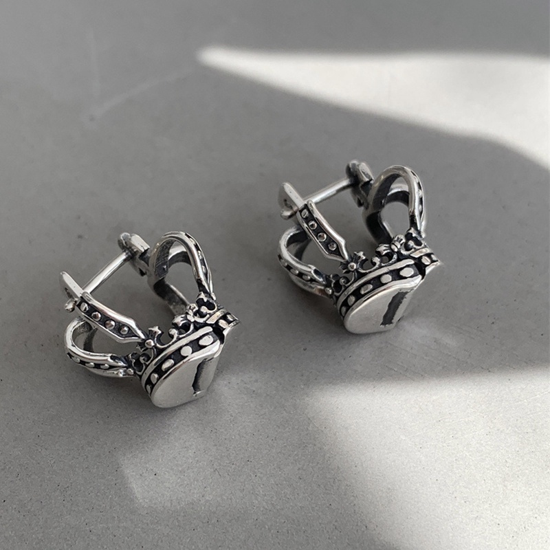 Vintage925 Sterling Silver Salib Berongga Mahkota Hoop Stud Earrings Gesper Untuk Wanita Lucu Perhiasan Halus