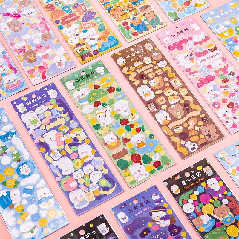 [Harga Grosir] 1lembar Kartun Lucu Stiker Pola Laser Kawaii Kucing Beruang Kelinci Stiker Hias Decals DIY Scrapbooking Jurnal Planners Foto Kartu Bahan Perlengkapan