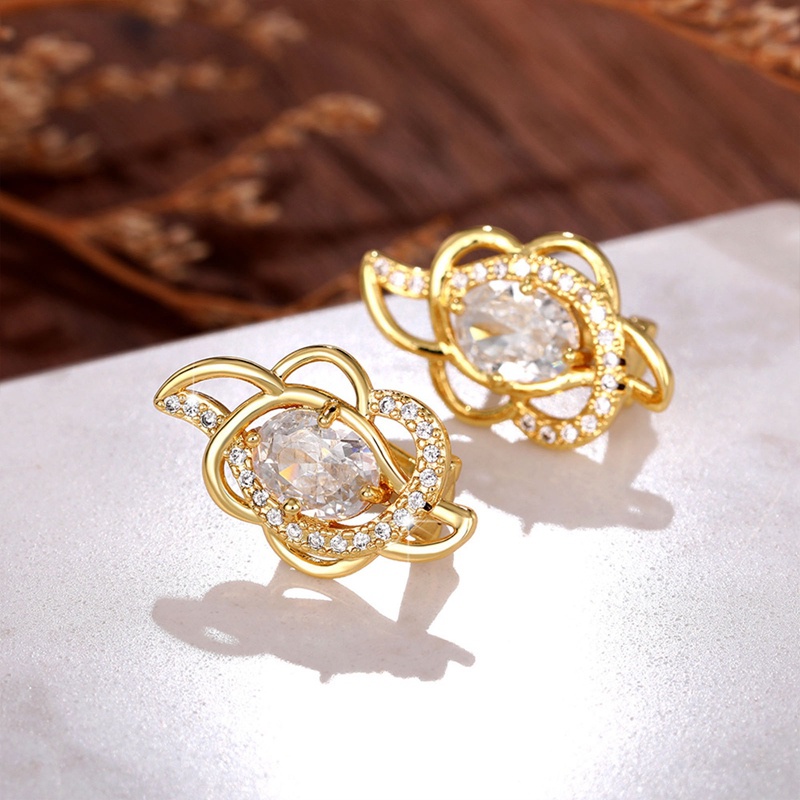 Anting Pernikahan Pengantin Mewah Warna Emas Hias Kristal Briliant Cubic Zirconia Temperamen Perhiasan Telinga Wanita Elegan