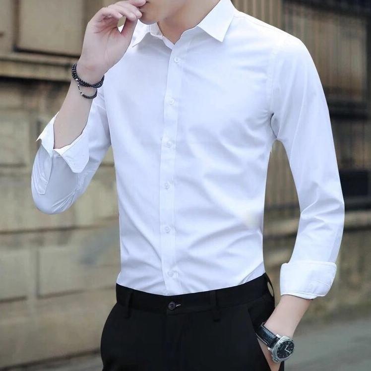 ✾ Baju Kemeja Pria Kasual Polos Hitam Putih Lengan Panjang /hem baju pria/ ✾