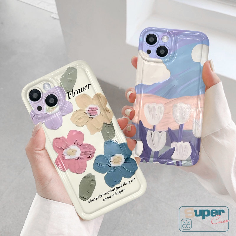 IPHONE Fresh Art Flower Tulips Lukisan Minyak Flowers Casing Ponsel Kompatibel Untuk Iphone11Xr 14 13 12 Pro MAX 6 6S 7 8 Plus X XS MAX Soft TPU Silicon Clear Shockproof Airbag Back Case