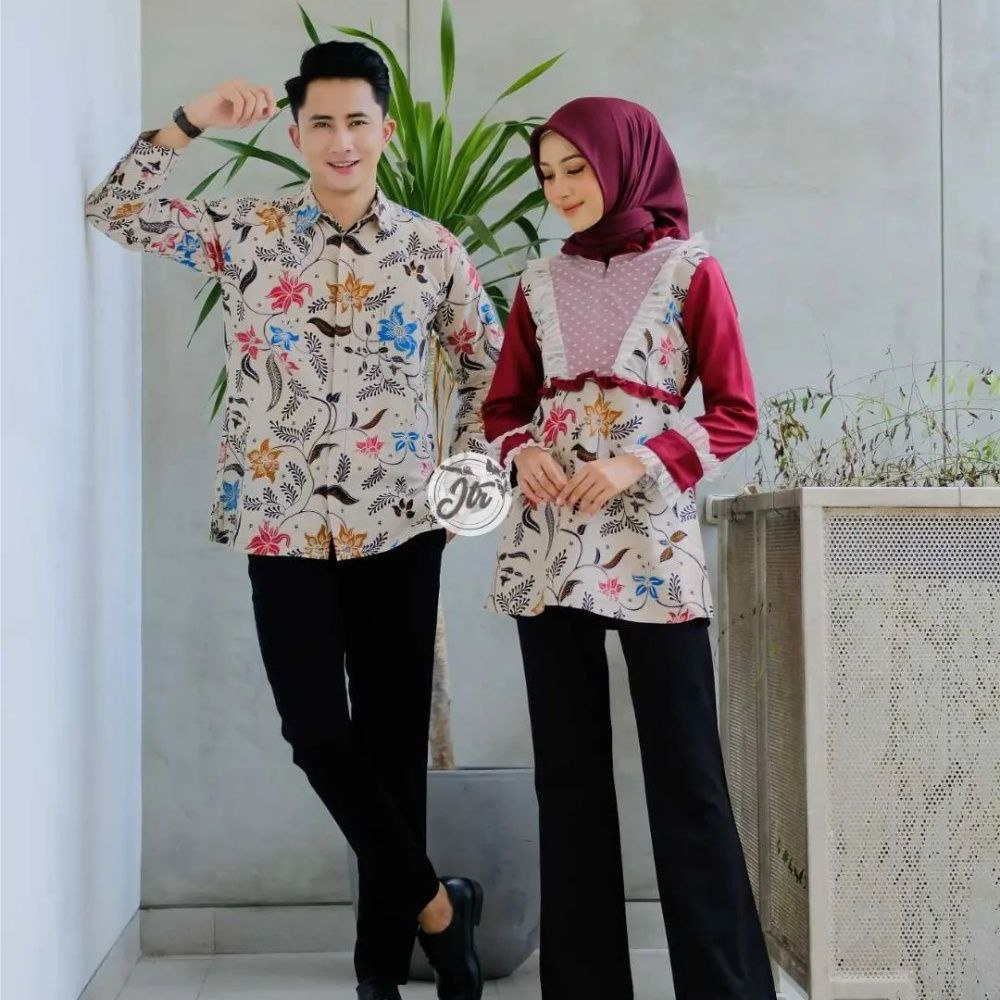 Couple Batik Keluarga Blus Tutu Motif Teratai Kombinasi Crep Premium