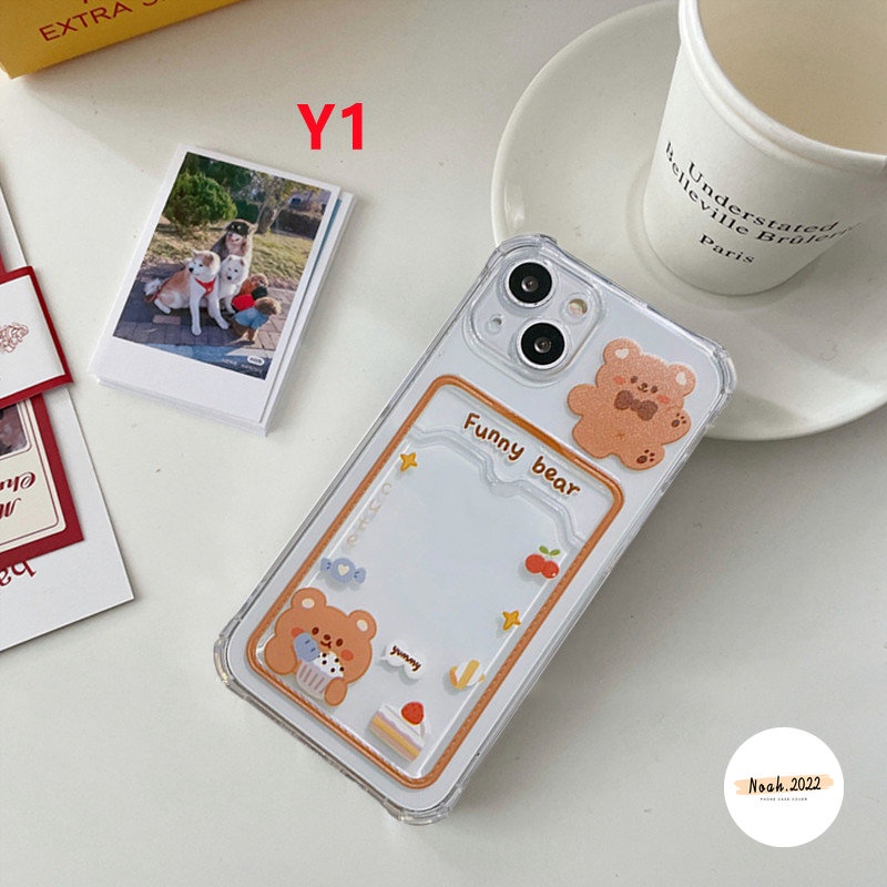 IPHONE Kartun Lucu Beruang Transparan Case Kompatibel Untuk Iphone13 12 11 14 Pro Max7 8 6 6s Plus XR XS Max X SE 2020 Sweet Bunny Card Holder Dompet Slot Shockproof TPU Cover Soft Case