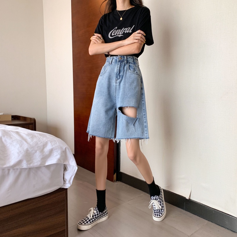 2023 New Biru Highwaist Robek Celana Jeans Pendek Wanita Rawis