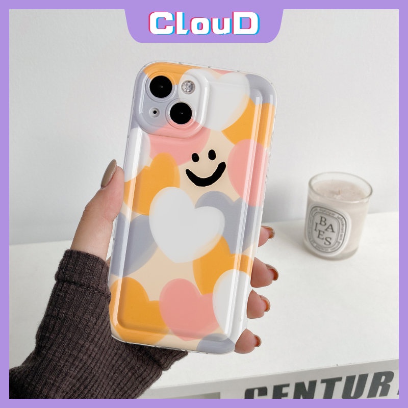 IPHONE Casing Ponsel Airbag Cinta Hati Warna-Warni Kompatibel Untuk Iphone11 14 12 13 Pro Max X XR 78 6s 6 Plus XS Max SE 2020 Kartun Smiley Lembut Tpu Pelindung Kamera Shockproof Cover